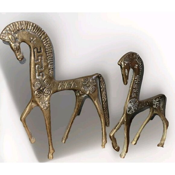 2 Etruscan Brass Horses Roman Mid Century Modern Greek Sculpture MCM Vintage - Picture 5 of 11